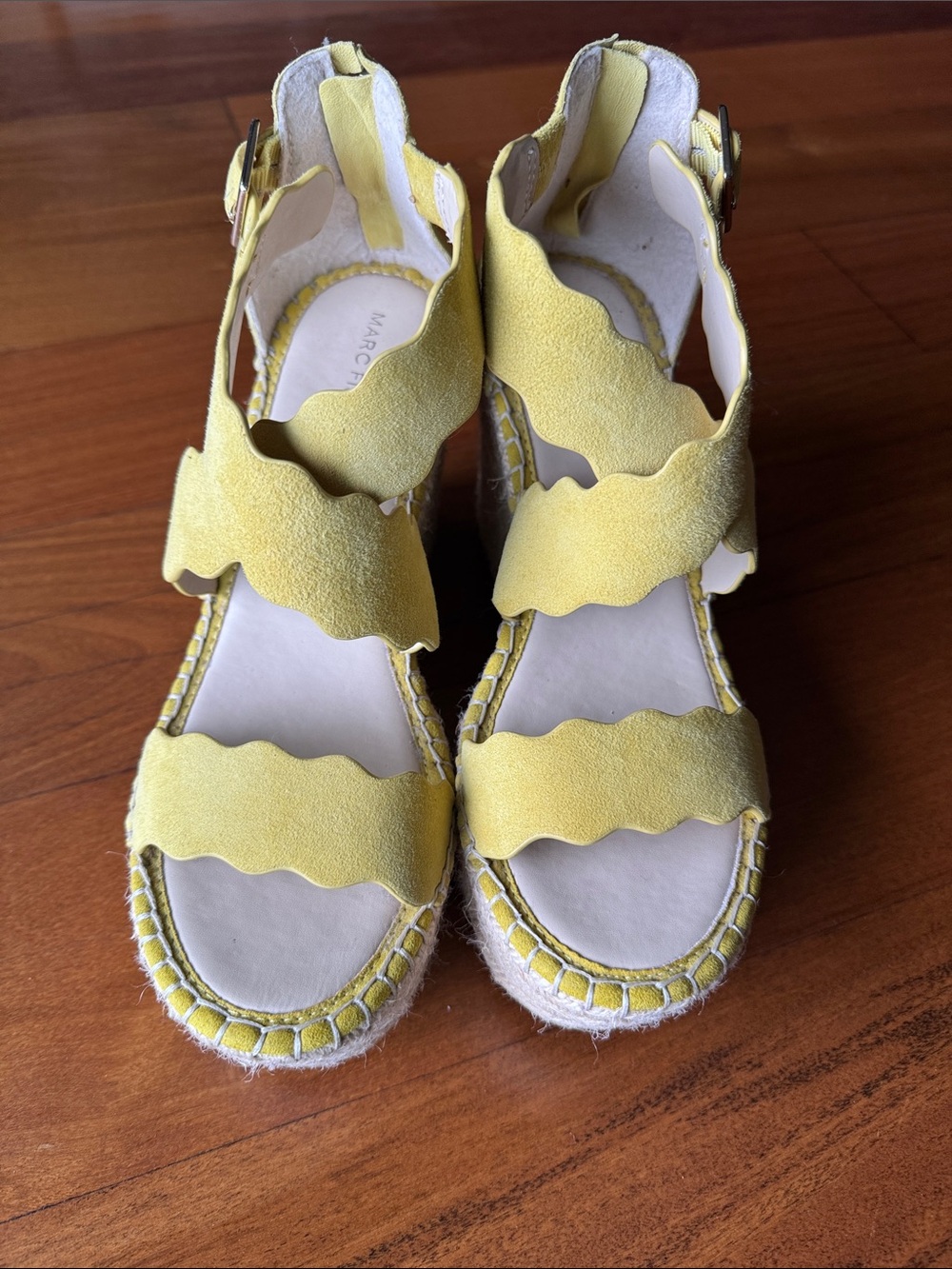 Marc Fisher Lemon Yellow Scalloped Espadrille Wedge Sandals